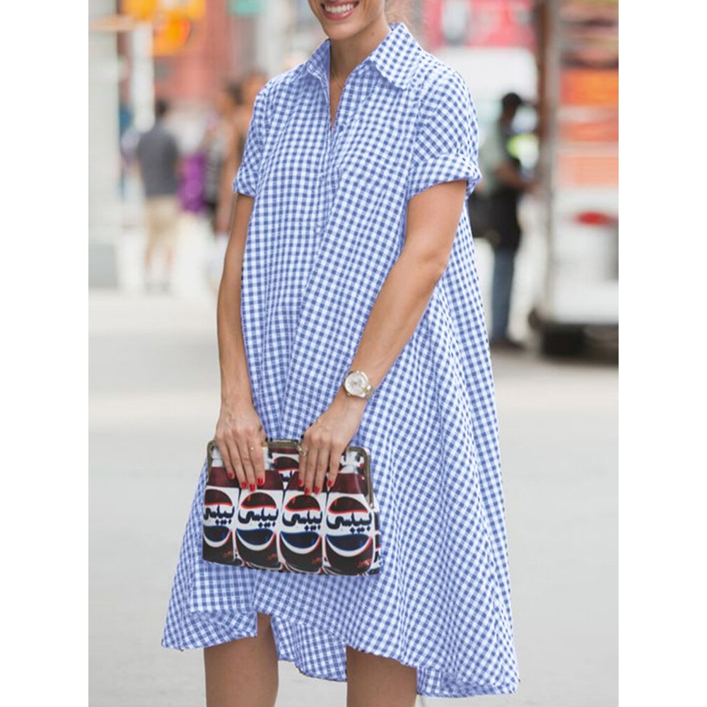 Women Gingham Plaid Lapel Half Button Short Sleeve Shirt Dress Women Gingham Plaid Lapel Half Button Short Sleeve Shirt Dress