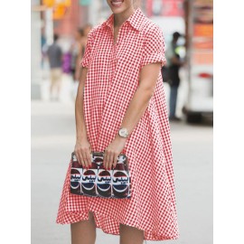Women Gingham Plaid Lapel Half Button Short Sleeve Shirt Dress Women Gingham Plaid Lapel Half Button Short Sleeve Shirt Dress