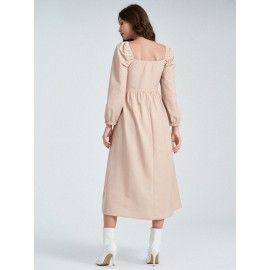 Solid Shirred Tie Front Long Sleeve Square Collar Dress Solid Shirred Tie Front Long Sleeve Square Collar Dress