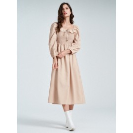 Solid Shirred Tie Front Long Sleeve Square Collar Dress Solid Shirred Tie Front Long Sleeve Square Collar Dress