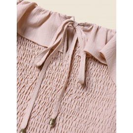 Solid Shirred Tie Front Long Sleeve Square Collar Dress Solid Shirred Tie Front Long Sleeve Square Collar Dress