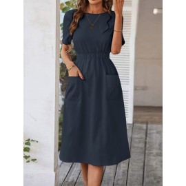 Women Solid Double Pocket Casual Short Sleeve Dress Women Solid Double Pocket Casual Short Sleeve Dress