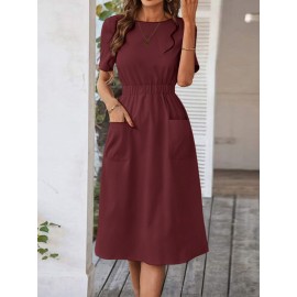Women Solid Double Pocket Casual Short Sleeve Dress Women Solid Double Pocket Casual Short Sleeve Dress