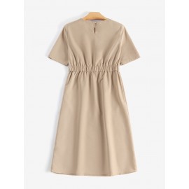 Women Solid Double Pocket Casual Short Sleeve Dress Women Solid Double Pocket Casual Short Sleeve Dress