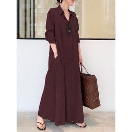 Solid Color Pocket Button Long SLeeve Casual Dress for Women Solid Color Pocket Button Long SLeeve Casual Dress for Women