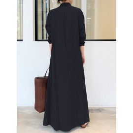 Solid Color Pocket Button Long SLeeve Casual Dress for Women Solid Color Pocket Button Long SLeeve Casual Dress for Women