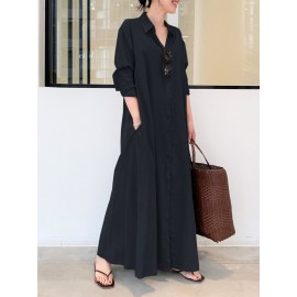 Solid Color Pocket Button Long SLeeve Casual Dress for Women Solid Color Pocket Button Long SLeeve Casual Dress for Women