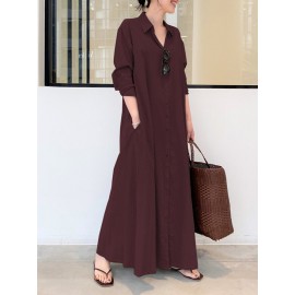 Solid Color Pocket Button Long SLeeve Casual Dress for Women Solid Color Pocket Button Long SLeeve Casual Dress for Women