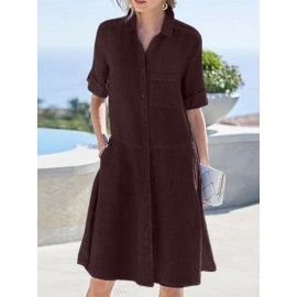 Women Solid Lapel Button Up Shirt Dress With Sleeve Tabs Women Solid Lapel Button Up Shirt Dress With Sleeve Tabs