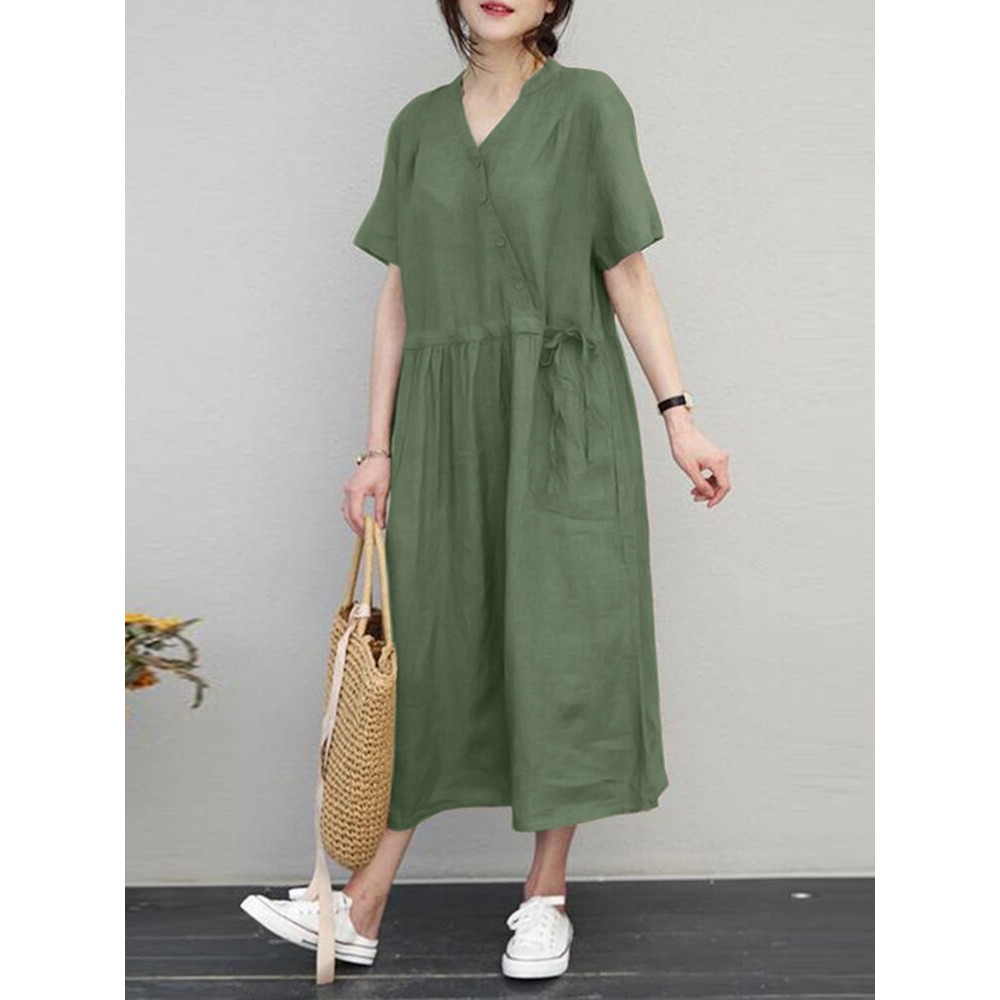 Women Solid Notched Neck Drawstring Waist Short Sleeve Dress Women Solid Notched Neck Drawstring Waist Short Sleeve Dress