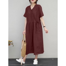 Women Solid Notched Neck Drawstring Waist Short Sleeve Dress Women Solid Notched Neck Drawstring Waist Short Sleeve Dress