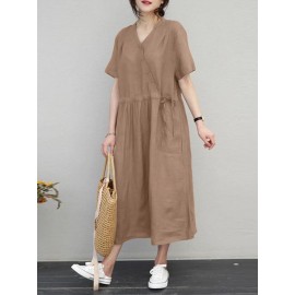 Women Solid Notched Neck Drawstring Waist Short Sleeve Dress Women Solid Notched Neck Drawstring Waist Short Sleeve Dress