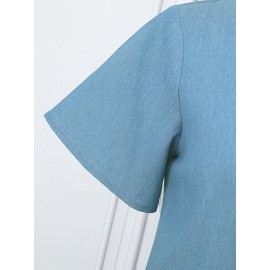 Women Solid Button Front Short Sleeve Denim Shirt Dress Women Solid Button Front Short Sleeve Denim Shirt Dress