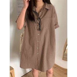 Women Solid Lapel Double Pocket Button Front Shirt Dress Women Solid Lapel Double Pocket Button Front Shirt Dress