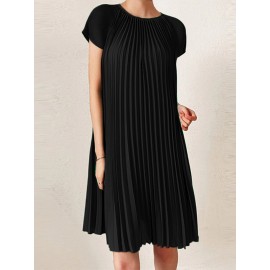 Women Solid Pleated Crew Neck Casual Short Sleeve Dress Women Solid Pleated Crew Neck Casual Short Sleeve Dress