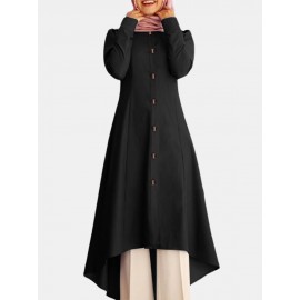 Solid Color Button Curved Hem Casual Muslim Dress for Women Solid Color Button Curved Hem Casual Muslim Dress for Women