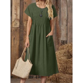 Women Solid Pleated Crew Neck Double Pocket Casual Dress Women Solid Pleated Crew Neck Double Pocket Casual Dress