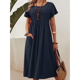 Women Solid Pleated Crew Neck Double Pocket Casual Dress Women Solid Pleated Crew Neck Double Pocket Casual Dress