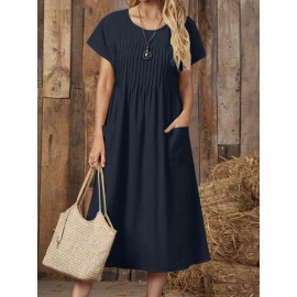 Women Solid Pleated Crew Neck Double Pocket Casual Dress Women Solid Pleated Crew Neck Double Pocket Casual Dress
