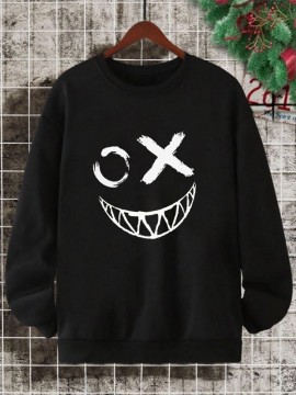 Mens Funny Smile Face Print Crew Neck Pullover Sweatshirts Winter