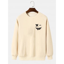 Mens Smile Face Chest Print Crew Neck Pullover Sweatshirts Mens Smile Face Chest Print Crew Neck Pullover Sweatshirts