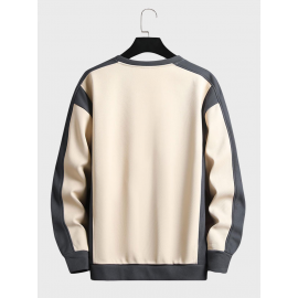 Mens Contrast Patchwork Embroidered Crew Neck Casual Pullover Sweatshirts Winter