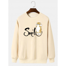 Mens Smile Cat Print Crew Neck Casual Pullover Sweatshirts Mens Smile Cat Print Crew Neck Casual Pullover Sweatshirts