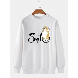 Mens Smile Cat Print Crew Neck Casual Pullover Sweatshirts Mens Smile Cat Print Crew Neck Casual Pullover Sweatshirts
