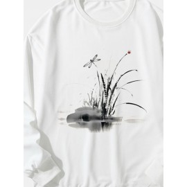 Mens Dragonfly Ink Painting Print Crew Neck Pullover Sweatshirts Winter Mens Dragonfly Ink Painting Print Crew Neck Pullover Sweatshirts Winter