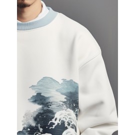 Mens Japanese Wave Ukiyoe Print Crew Neck Pullover Sweatshirts Mens Japanese Wave Ukiyoe Print Crew Neck Pullover Sweatshirts