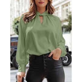 Women Satin Keyhole Neck Plain Casual Long Sleeve Blouse Women Satin Keyhole Neck Plain Casual Long Sleeve Blouse