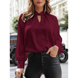 Women Satin Keyhole Neck Plain Casual Long Sleeve Blouse Women Satin Keyhole Neck Plain Casual Long Sleeve Blouse