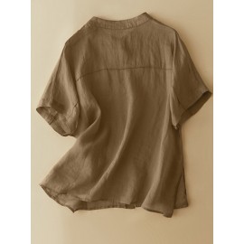 Women Solid Stand Collar Button Up Cotton Short Sleeve Shirt Women Solid Stand Collar Button Up Cotton Short Sleeve Shirt