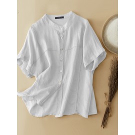 Women Solid Stand Collar Button Up Cotton Short Sleeve Shirt Women Solid Stand Collar Button Up Cotton Short Sleeve Shirt