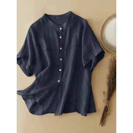 Women Solid Stand Collar Button Up Cotton Short Sleeve Shirt Women Solid Stand Collar Button Up Cotton Short Sleeve Shirt