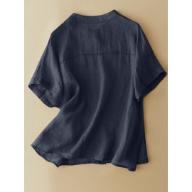 Women Solid Stand Collar Button Up Cotton Short Sleeve Shirt Women Solid Stand Collar Button Up Cotton Short Sleeve Shirt