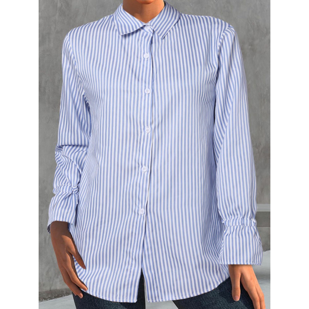 Women Striped Lapel Button Front Casual Long Sleeve Shirt Women Striped Lapel Button Front Casual Long Sleeve Shirt