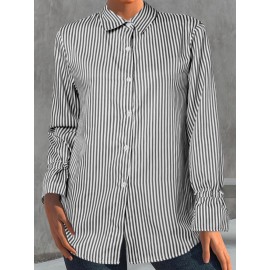 Women Striped Lapel Button Front Casual Long Sleeve Shirt Women Striped Lapel Button Front Casual Long Sleeve Shirt