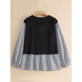 Women Stripe Patchwork Crew Neck Casual Long Sleeve Blouse Women Stripe Patchwork Crew Neck Casual Long Sleeve Blouse