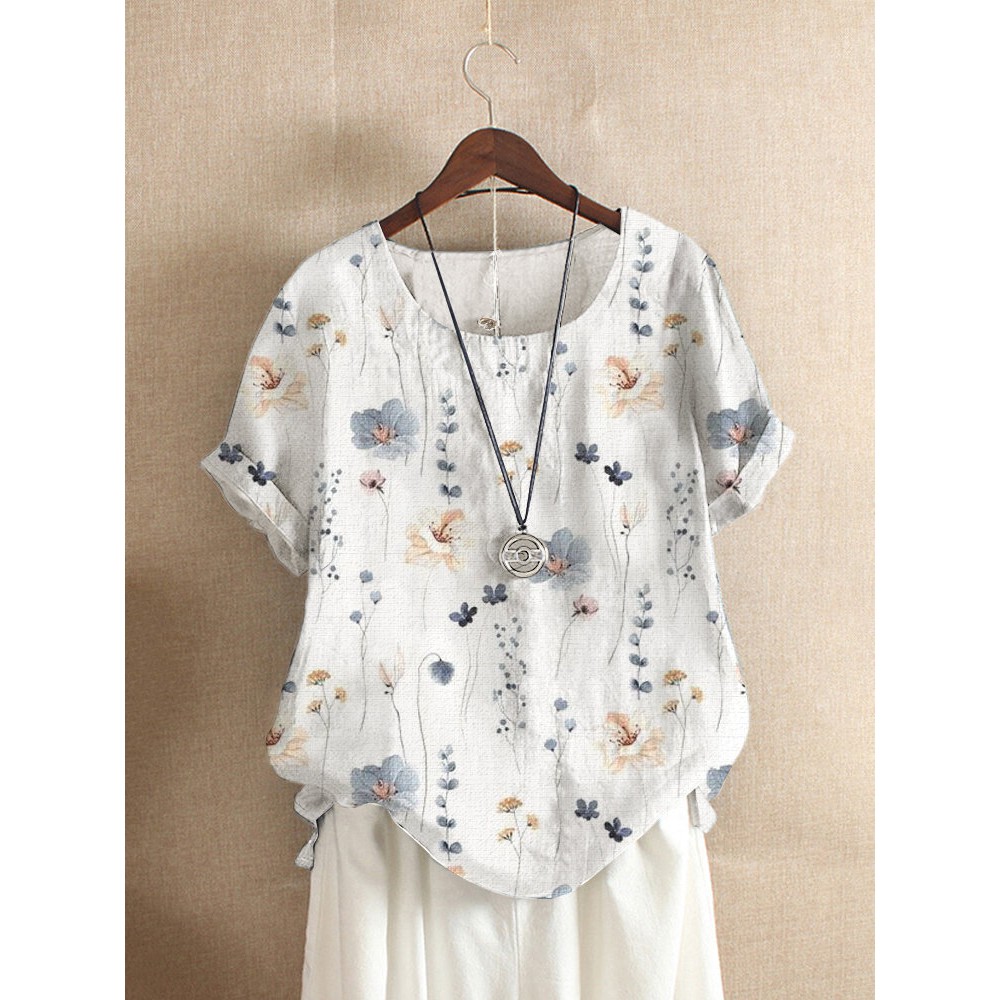 Women Vintage Floral Plant Print Crew Neck Short Sleeve Blouse Women Vintage Floral Plant Print Crew Neck Short Sleeve Blouse