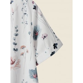 Women Vintage Floral Plant Print Crew Neck Short Sleeve Blouse Women Vintage Floral Plant Print Crew Neck Short Sleeve Blouse