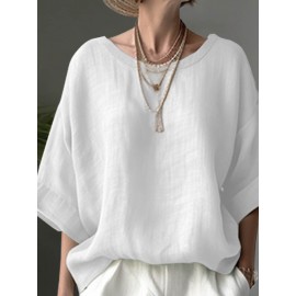 Women Solid Crew Neck Cotton Drop Shoulder Loose Blouse Women Solid Crew Neck Cotton Drop Shoulder Loose Blouse