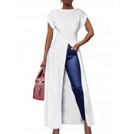 Splited Solid Color Short Sleeve O-neck Long Blouse For Women Splited Solid Color Short Sleeve O-neck Long Blouse For Women