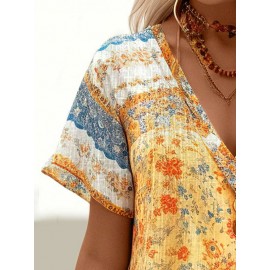 Women Ethnic Vintage Print V-Neck Short Sleeve Blouse Women Ethnic Vintage Print V-Neck Short Sleeve Blouse