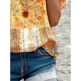 Women Ethnic Vintage Print V-Neck Short Sleeve Blouse Women Ethnic Vintage Print V-Neck Short Sleeve Blouse