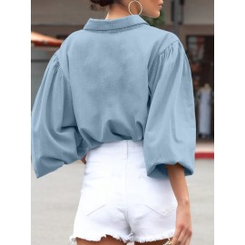 Women Solid Lapel Flap Pocket Long Sleeve Denim Shirt Women Solid Lapel Flap Pocket Long Sleeve Denim Shirt