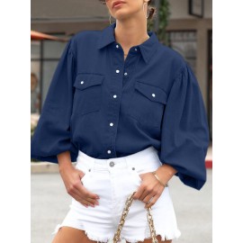 Women Solid Lapel Flap Pocket Long Sleeve Denim Shirt Women Solid Lapel Flap Pocket Long Sleeve Denim Shirt