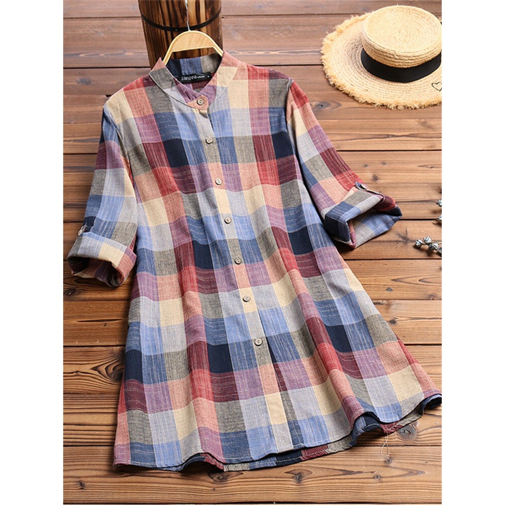 Vintage Print Plaid Multicolor Long Sleeve Button Blouse Vintage Print Plaid Multicolor Long Sleeve Button Blouse