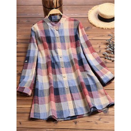 Vintage Print Plaid Multicolor Long Sleeve Button Blouse Vintage Print Plaid Multicolor Long Sleeve Button Blouse