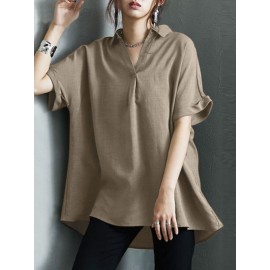 Women Solid Johnny Collar Casual Short Sleeve Blouse Women Solid Johnny Collar Casual Short Sleeve Blouse